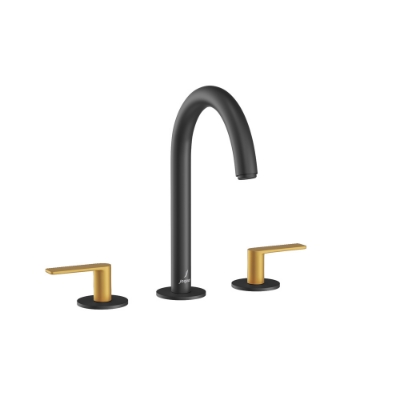 Picture of 3-Hole Basin Mixer with Pipe Spout - Lever: Gold Matt PVD | Body: Black Matt