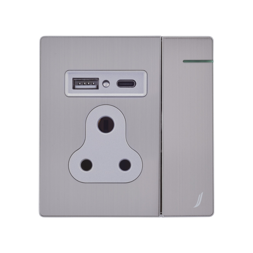 Picture of Three Pin Socket With Indicator And Big Switch And One USB And One Type-C